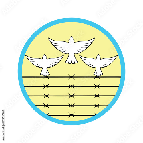Three White Doves Soaring Above Barbed Wire Fence Symbol