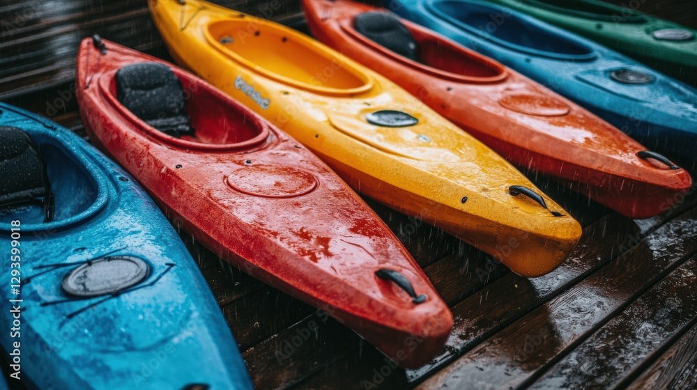 Colorful Array of Kayaks on a Dock: An Overhead View of Five Vibrantly Colored Kayaks in Blue, Red, Yellow, and Orange, Glimmering with Water Drops After a Rainy Adventure Colorful Array of Kayaks on a Dock: An Overhead View of Five Vibrantly Colored Kayaks in Blue, Red, Yellow, and Orange, Glimmering with Water Drops After a Rainy Adventure