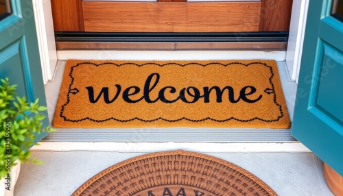A welcoming doormat with the word welcome in bold letters lies at the entrance, creating a hospitable atmosphere for guests. Perfect for home decor or real estate marketing.