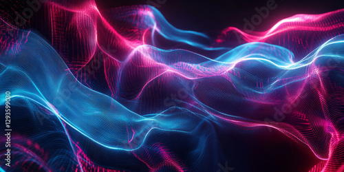 A high-tech abstract background featuring cascading layers of radiant neon waves, dynamically flowing in a cybernetic rhythm. The glowing energy and digital motion create a mesmerizing futuristic