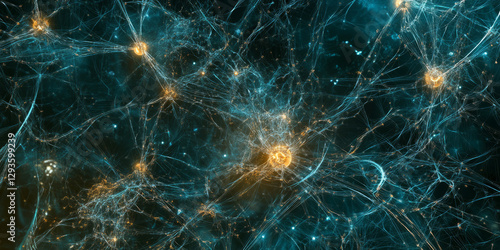 An abstract digital background with ultra-fine glowing circuit pathways, forming a complex interconnected neural network. The futuristic composition includes pulsating nodes, iridescent light trails,