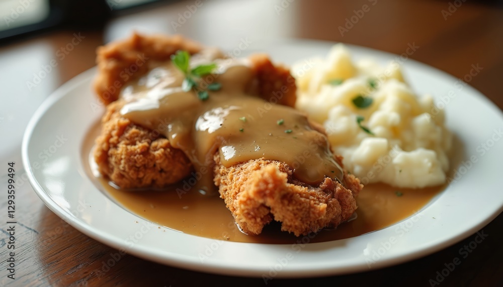Crispy fried chicken with gravy sauce and mashed potatoes served on plate. Delicious poultry dish is perfect lunch or dinner meal. Traditional american cuisine with herbs garnish. Crispy fried chicken with gravy sauce and mashed potatoes served on plate. Delicious poultry dish is perfect lunch or dinner meal. Traditional american cuisine with herbs garnish.