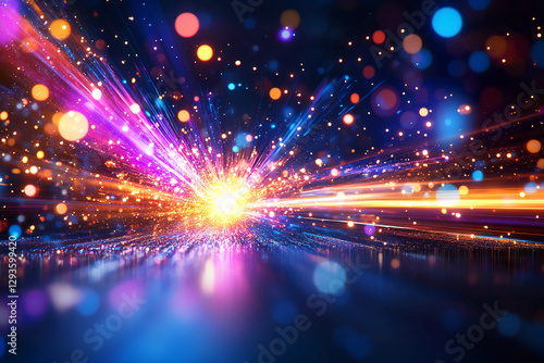 Photon particle breaking through barrier, creating shockwave of light, glistening reflections and light distortions on surface, symbolic of energy and physics concepts