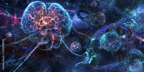 A futuristic AI-driven neuroprosthetics research facility, displaying glowing cybernetic brain-machine interface pathways, pulsating holographic sensory feedback enhancement grids, and swirling