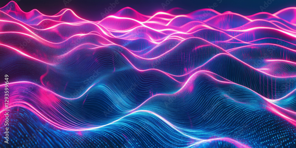 Fototapeta premium A high-tech abstract background featuring cascading layers of radiant neon waves, dynamically flowing in a cybernetic rhythm. The glowing energy and digital motion create a mesmerizing futuristic
