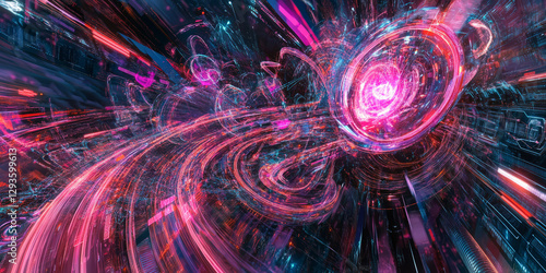 A glowing futuristic digital twin, composed of swirling cybernetic energy trails, pulsating holographic AI-driven intelligence, and intricate neural data grids. The high-tech abstract background