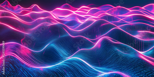 A high-tech abstract background featuring cascading layers of radiant neon waves, dynamically flowing in a cybernetic rhythm. The glowing energy and digital motion create a mesmerizing futuristic