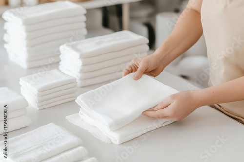 Female worker folding clean white towels in a textile factory, showcasing quality control and production process