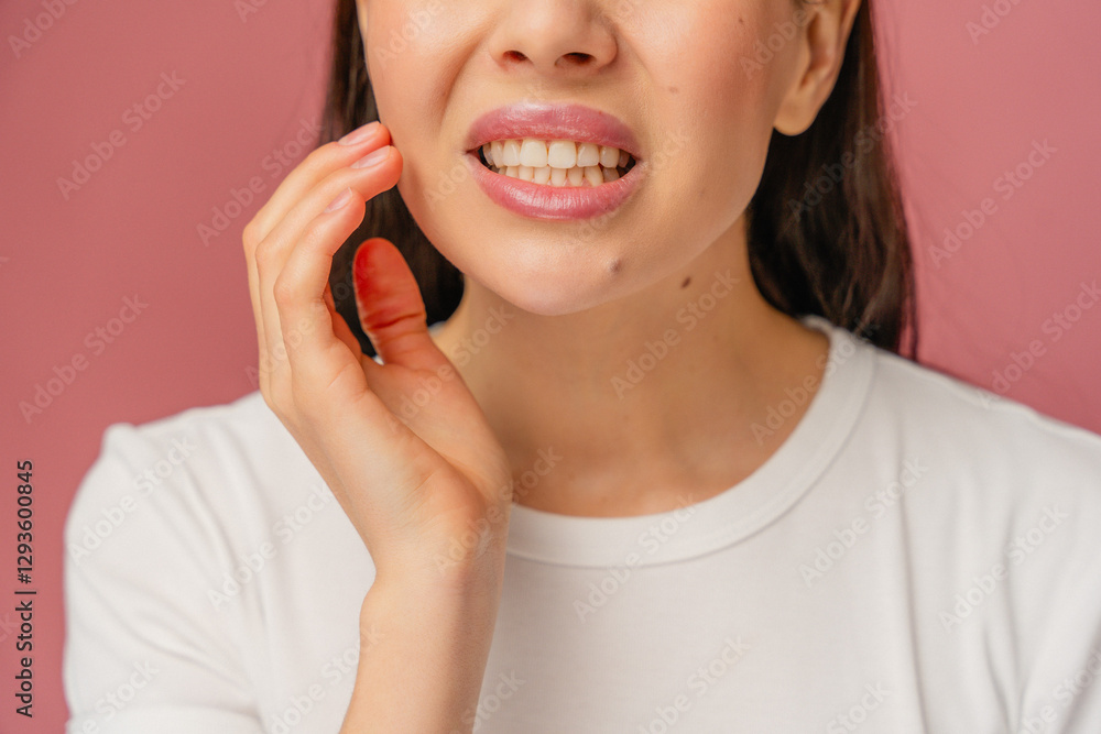 Close-up of an individual holding their jaw, expressing dental discomfort situation, isolated over a light pink background. Close-up of an individual holding their jaw, expressing dental discomfort situation, isolated over a light pink background.