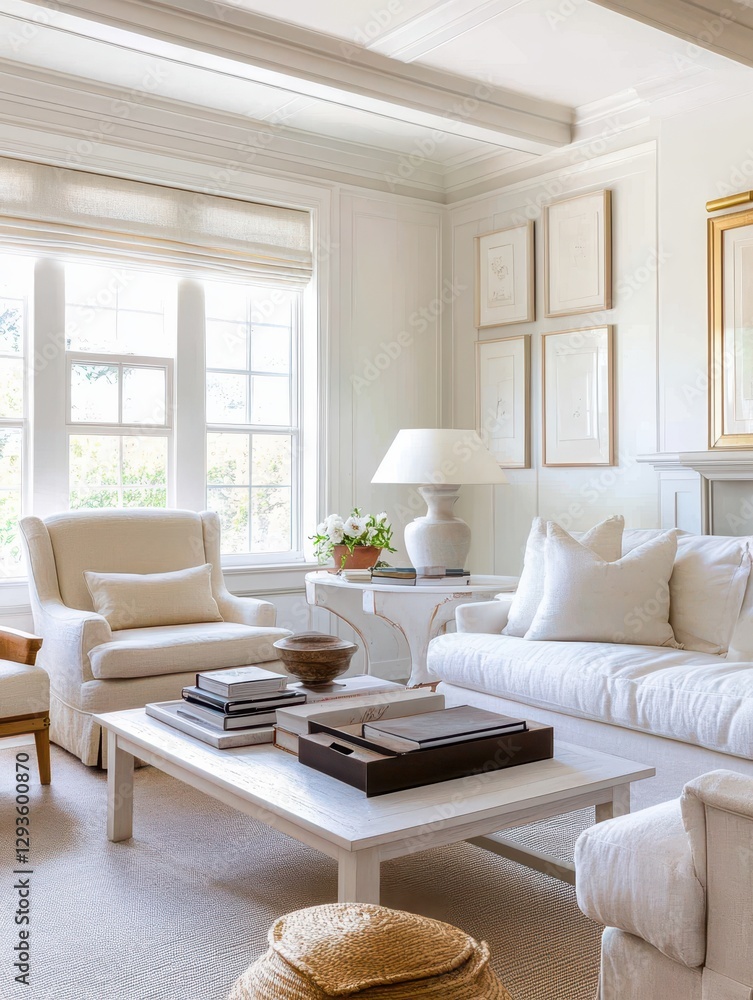 This image shows a bright white room in a minimalistic theme with white furniture. This image shows a bright white room in a minimalistic theme with white furniture.