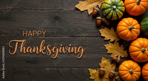 Happy Thanksgiving with Pumpkins, Acorns, and Autumn Leaves on Wood