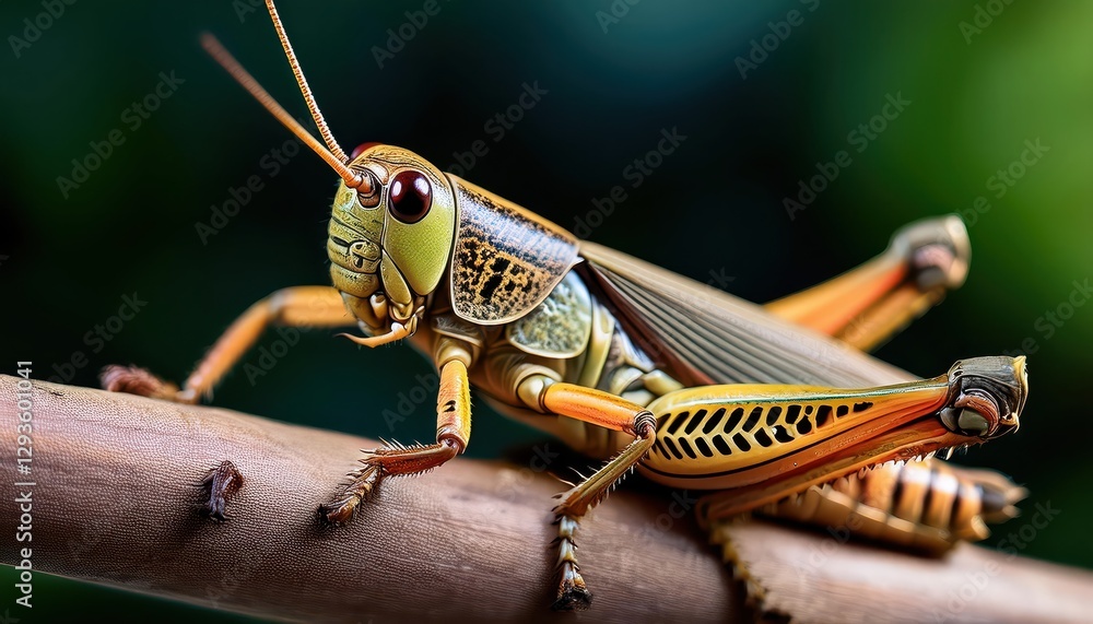 Detailed Closeup of a Vivid Grasshopper in a Rustic Meadow at Dusk A Magnificent Macro Photography Showcasing Intricate Details and the Intense Energy of Natures Leaping Lepidopteran. Detailed Closeup of a Vivid Grasshopper in a Rustic Meadow at Dusk A Magnificent Macro Photography Showcasing Intricate Details and the Intense Energy of Natures Leaping Lepidopteran.