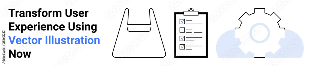 Digital clipboard with checklist, gear symbol for automation, shopping bag. Ideal for UXUI design, e-commerce, task management, research, planning, organization flat landing page banner Digital clipboard with checklist, gear symbol for automation, shopping bag. Ideal for UXUI design, e-commerce, task management, research, planning, organization flat landing page banner