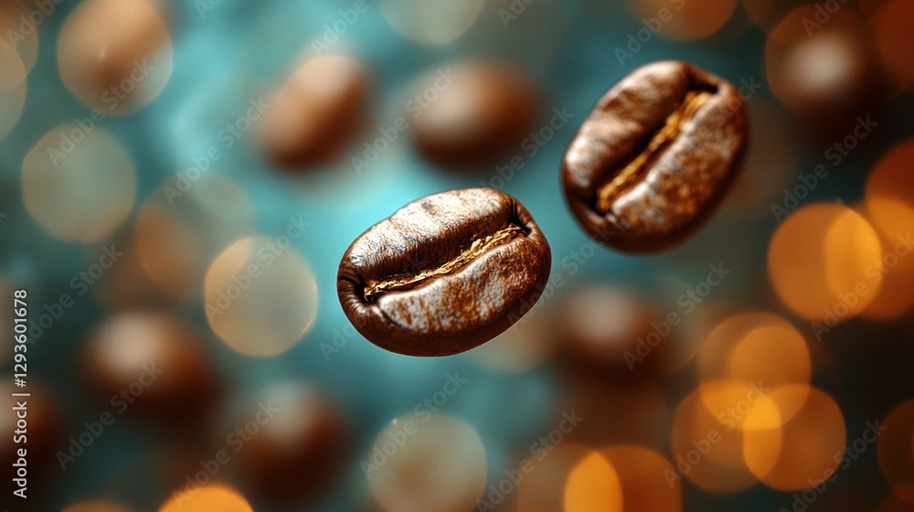 Fototapeta premium Floating coffee beans in bokeh background