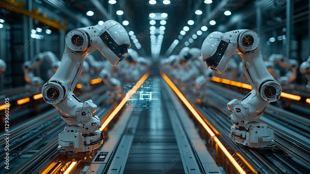 a highly advanced and futuristic robotic manufacturing facility featuring rows of synchronized robotic arms working in perfect harmony. the sterile, high-tech environment is illuminated by neon blue a a highly advanced and futuristic robotic manufacturing facility featuring rows of synchronized robotic arms working in perfect harmony. the sterile, high-tech environment is illuminated by neon blue a