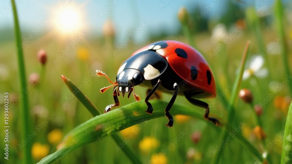 Fototapeta premium Bright ladybug exploring a green blade of grass on a sunny afternoon in a meadow