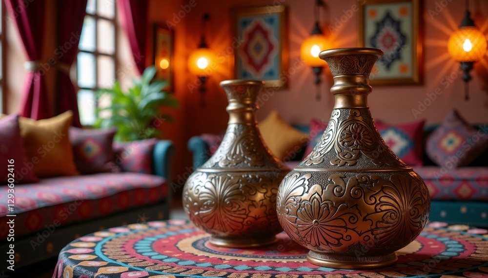 Ornate Metallic Vases Rich Mood in Decorated Room Ornate Metallic Vases Rich Mood in Decorated Room