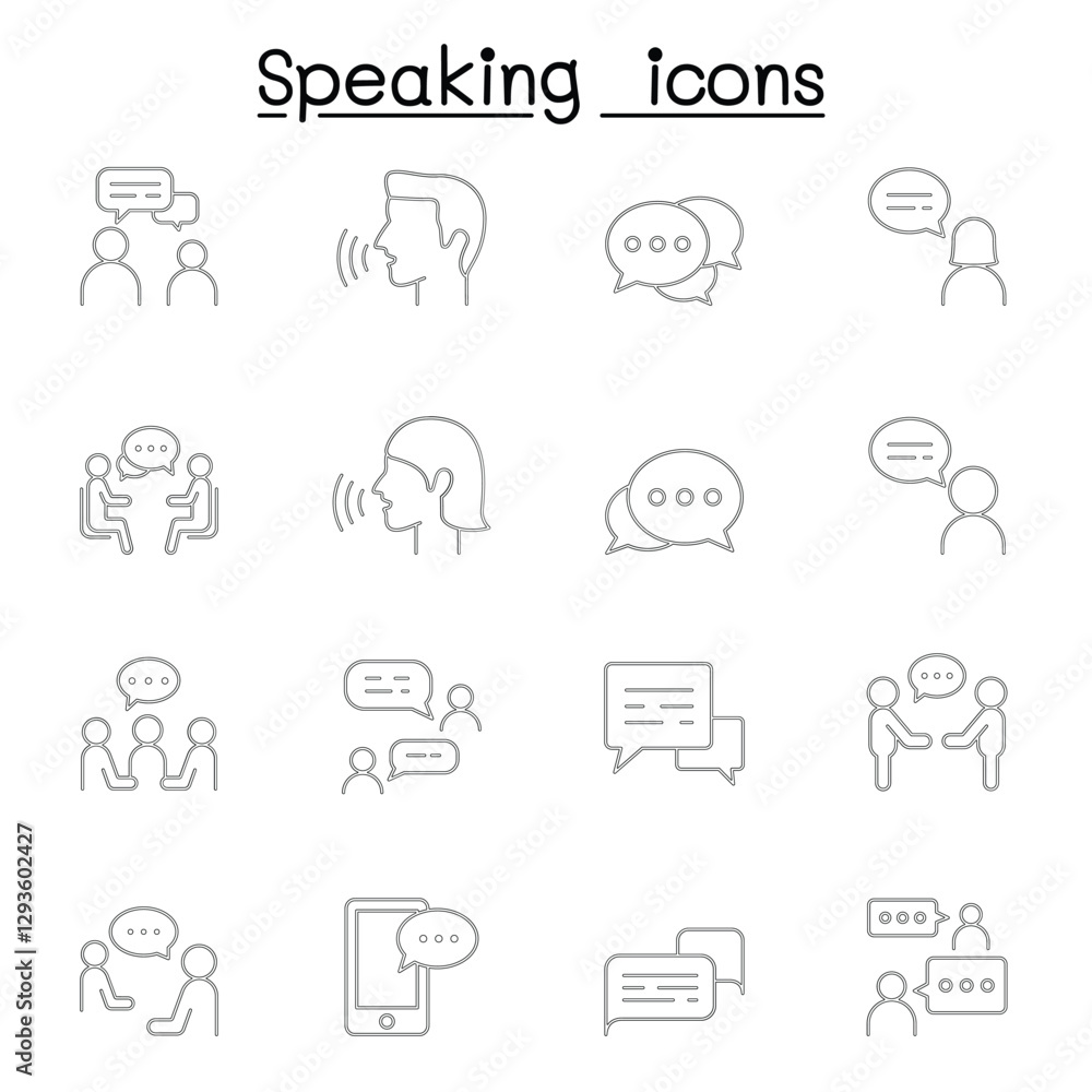 Talk, speech, discussion, dialog, speaking, chat, conference, meeting icon set in thin line style Talk, speech, discussion, dialog, speaking, chat, conference, meeting icon set in thin line style