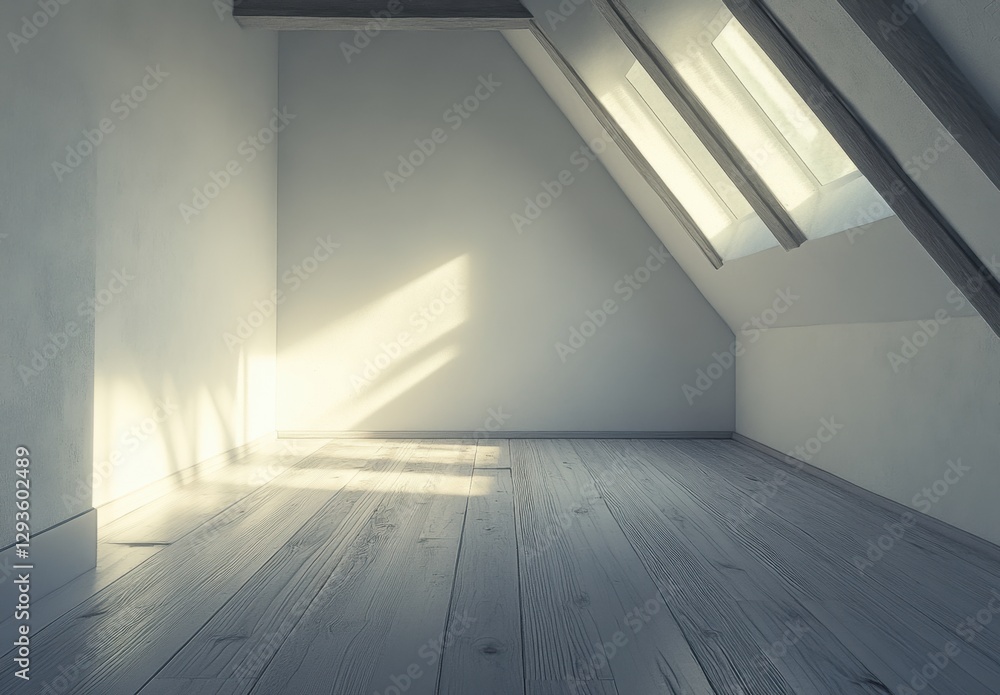 Obraz premium A room with a white ceiling and a wooden floor. There is no furniture in the room. The room is very clean and empty