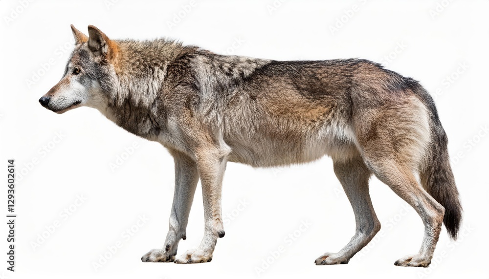 Fototapeta premium Striking Gray Wolf Against a Pure White Backdrop, Majestic Beauty Frozen in Moment with Bold Eyes Gazing into Infinity on Winters Plains