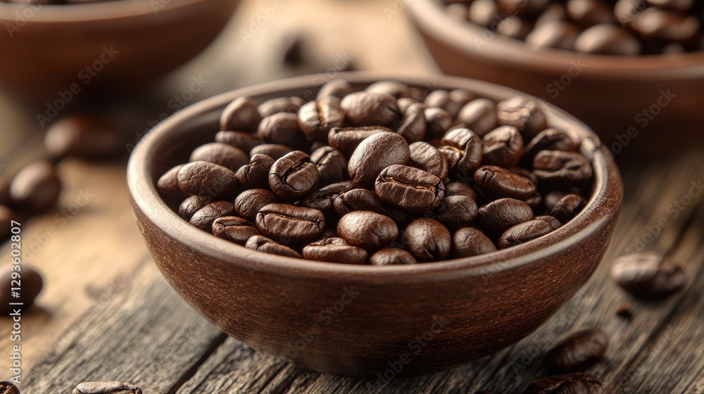 Fototapeta premium Aromatic Roasted Coffee Beans in Rustic Wooden Bowl, Macro Shot for Beverage Ad or Recipe