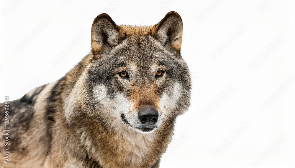 Lone Gray Wolf Stands Strong Against a Pure White Backdrop, Showcasing Power and Majesty in a Minimalist Studio Setting Lone Gray Wolf Stands Strong Against a Pure White Backdrop, Showcasing Power and Majesty in a Minimalist Studio Setting