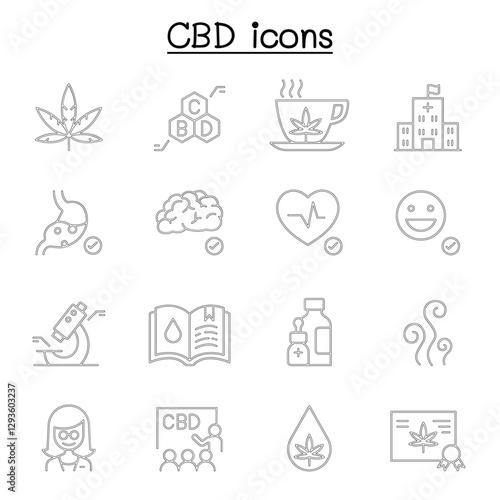CBD, Cannabis icons set in thin line style