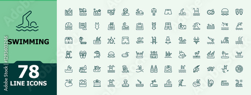 Swimming line icons set. Includes thin line athletic, summer, life, lifestyle, holiday, vacation and more. Icons for UI. Minimalist editable vector stroke. Thin linear style icons.