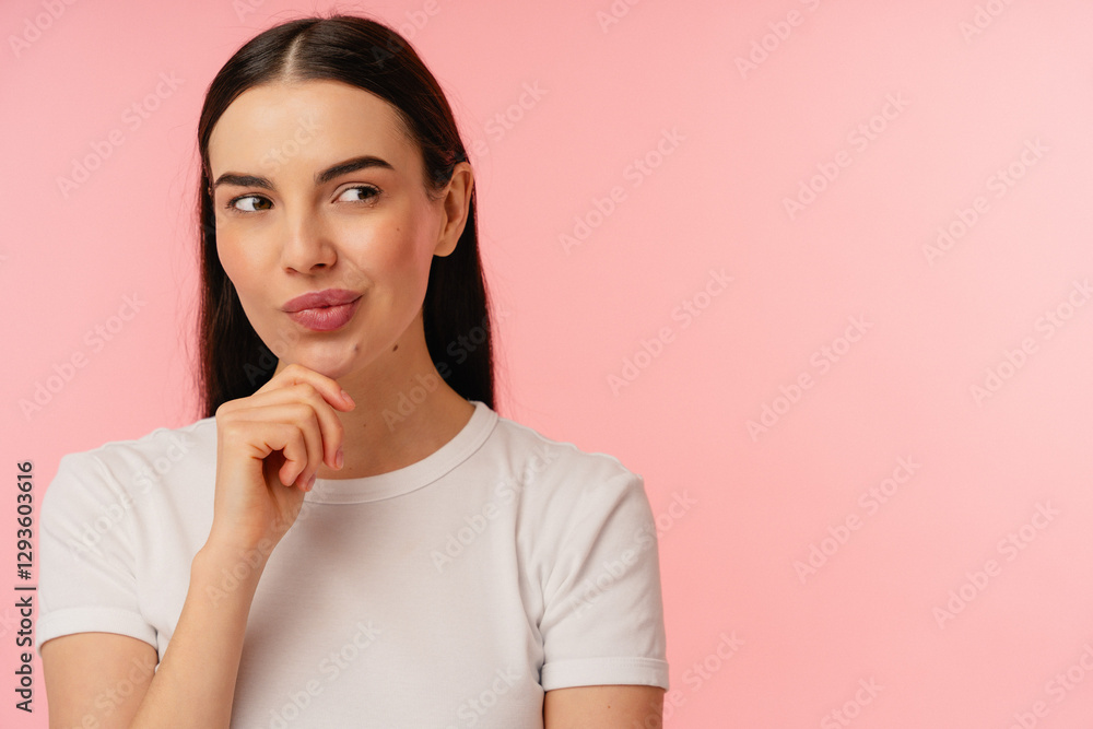 Person in casual attire with a contemplative expression against a pastel pink backdrop, evoking curiosity and introspection. Person in casual attire with a contemplative expression against a pastel pink backdrop, evoking curiosity and introspection.