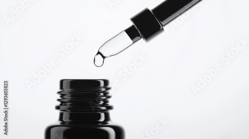 A close-up shot of a clear liquid droplet falling from a glass pipette into a dark-colored bottle against a plain white background