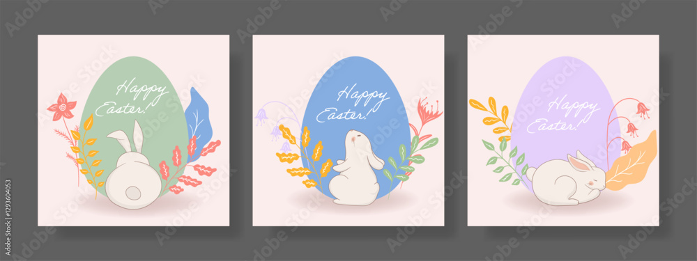 Easter set. Sleeping rabbit, lilac egg, decorative leaves, floral arrangement, soft pastel palette, spring theme, gentle artistic style, Easter greeting, festive composition Easter set. Sleeping rabbit, lilac egg, decorative leaves, floral arrangement, soft pastel palette, spring theme, gentle artistic style, Easter greeting, festive composition