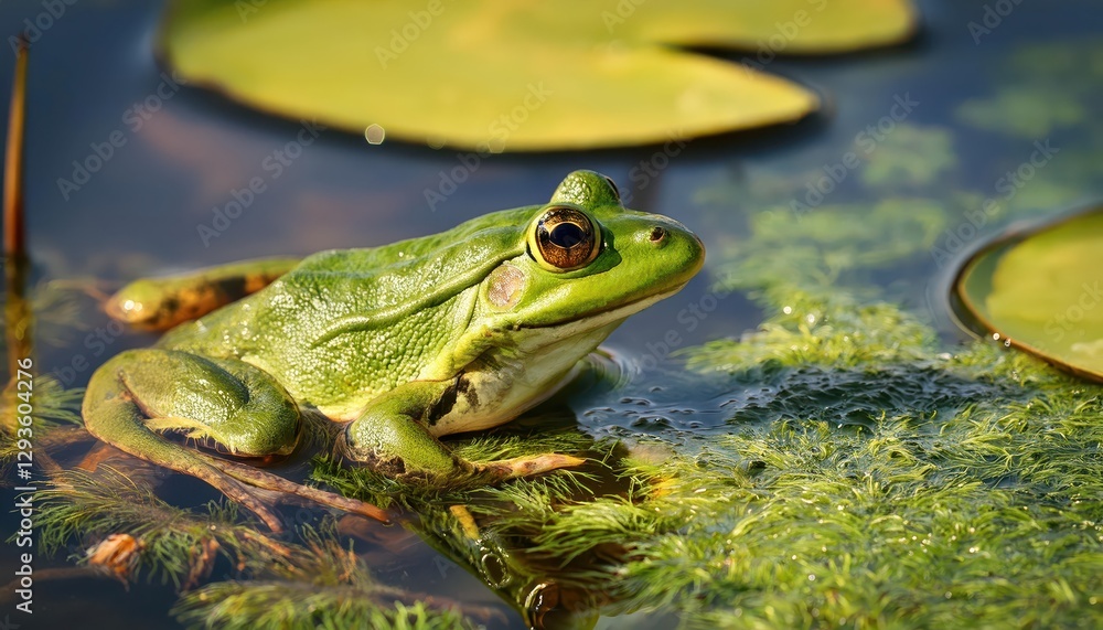 Green Frog Gracefully Sitting in Pond at Dusk, Showcasing Serene Natural Beauty and Peaceful Tranquility, Perfect for Digital Art, Home Decor, or Design Inspiration Green Frog Gracefully Sitting in Pond at Dusk, Showcasing Serene Natural Beauty and Peaceful Tranquility, Perfect for Digital Art, Home Decor, or Design Inspiration