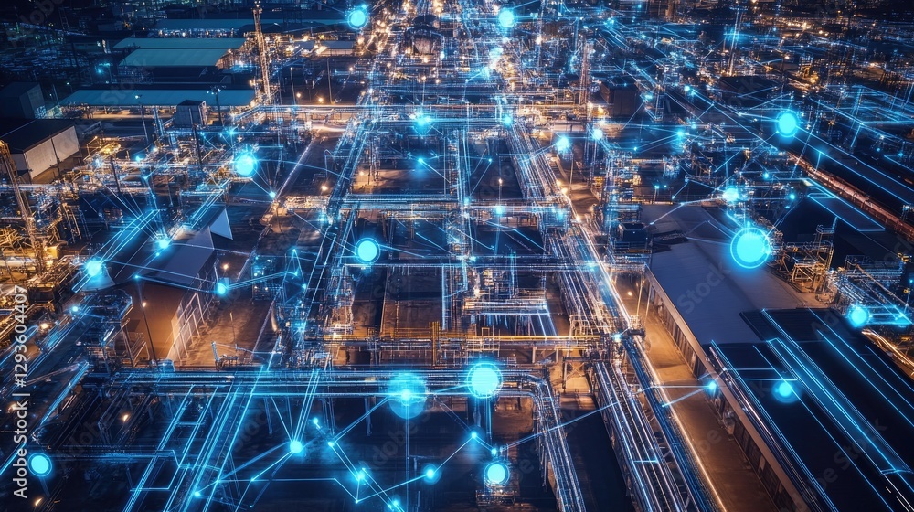 Night view of an industrial complex with a futuristic digital overlay showing network connections Night view of an industrial complex with a futuristic digital overlay showing network connections