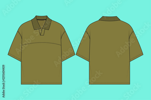 Olive colour v neck polo flat sketch cad.