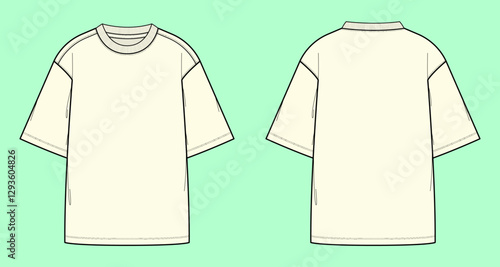 Drop Shoulder Crew Neck Mock Sleeve T-shirt Outline Flat Sketch. 