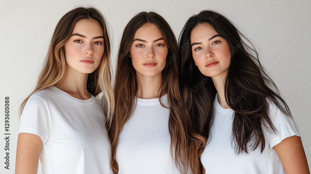 A close-up portrait of three women with dark, light, and Asian skin tones. They are wearing white t-shirts and have clean, natural makeup, different races of people A close-up portrait of three women with dark, light, and Asian skin tones. They are wearing white t-shirts and have clean, natural makeup, different races of people