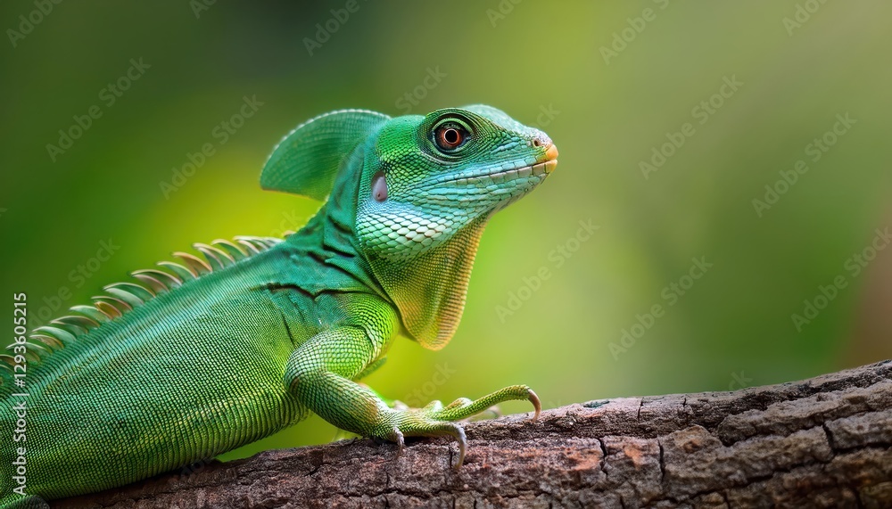 Fototapeta premium Vividly Colored Green Plumed Basilisk Lizard in a Tropical Rainforest Canopy, Showcasing Striking Feathers and Agile Demeanor, Capturing the Exotic Beauty of Boca Tapada.