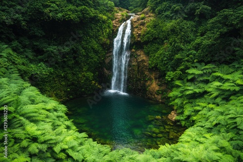 Lush greenery surrounds serene waterfall cascading into tranquil