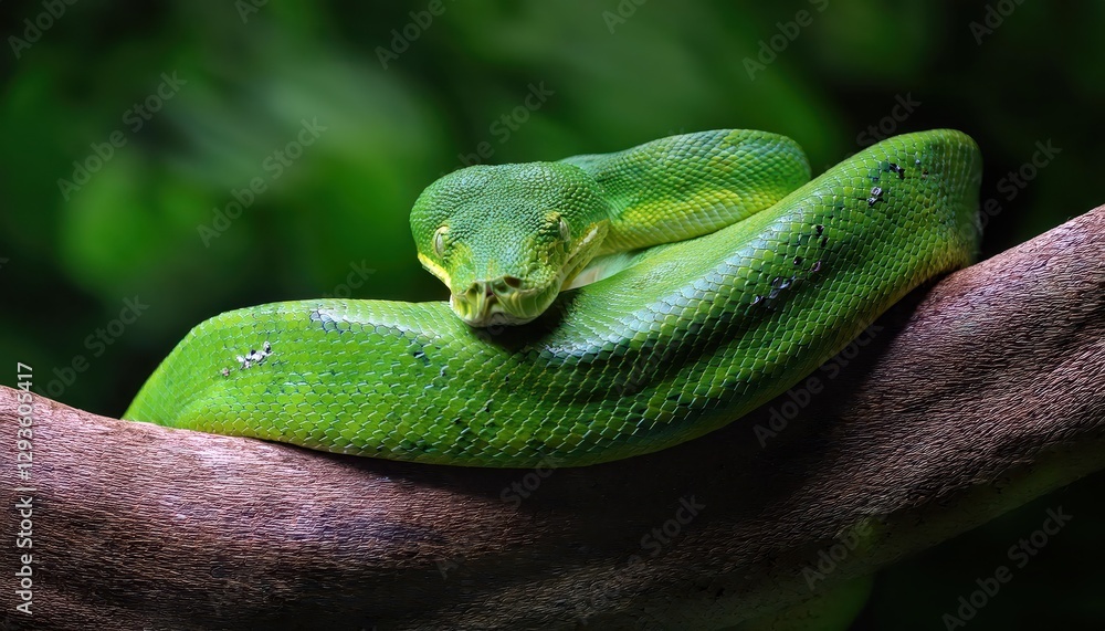 Fototapeta premium Vibrant Green Python in Mysterious Jungle Environment, Majestically Coiled with Eyes Glowing Intense Shades of Emerald in the Darkness