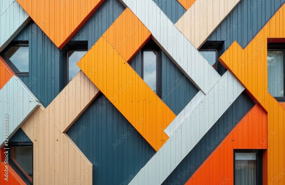Geometric building facade with orange, grey, blue shapes. Modern architectural design features urban aesthetics. Abstract wall pattern includes lines, windows. Creative graphic style, colorful Geometric building facade with orange, grey, blue shapes. Modern architectural design features urban aesthetics. Abstract wall pattern includes lines, windows. Creative graphic style, colorful