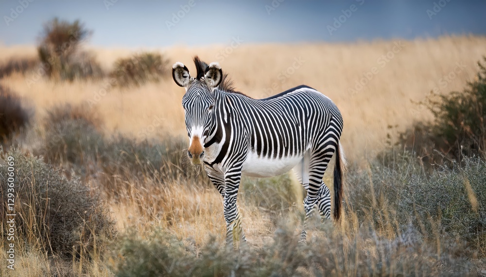 Naklejka premium Majestic Grevys Zebra Against the African Savannah, Stripes Dappled with Golden Sunlight, Capturing the Vitality and Grace of an Endangered Species in Serene Solitude.