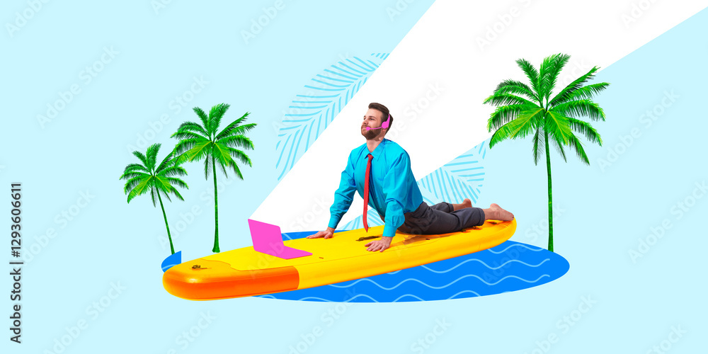 Fototapeta premium Man in business shirt and tie lying on surfboard floating on water, stretching in yoga pose, wearing headset, under palm trees. Concept of relaxation, work-life balance, stress-free remote work.