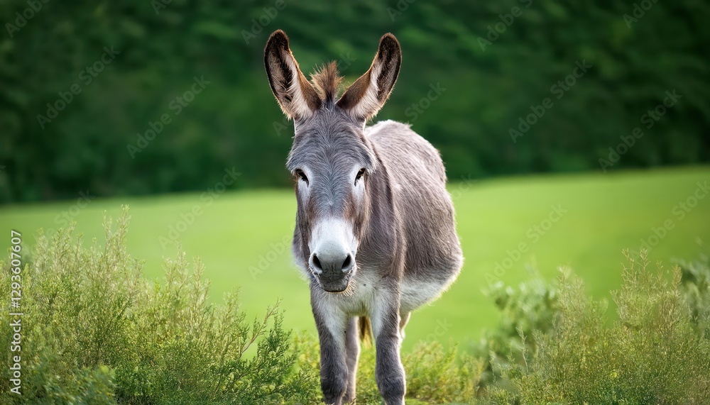 Majestic Grey Donkey in Lush Green Pasture with Large Ears and Striking Expression, Captured in Vibrant Nature Photography Majestic Grey Donkey in Lush Green Pasture with Large Ears and Striking Expression, Captured in Vibrant Nature Photography