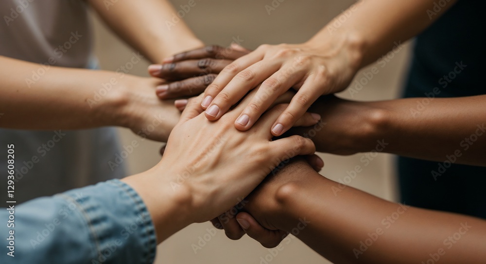 Diverse group of hands stacking together, symbolizing unity and collaboration, teamwork concept
Diverse group of hands stacking together, symbolizing unity and collaboration, teamwork concept