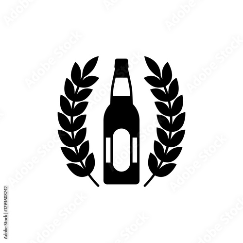 Beer bottle surrounded by laurel branches. Black Silhouette. Isolated vector illustration on white background.