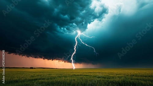 Dramatic Lightning Strikes Over Dark Stormy Sky and Green Field