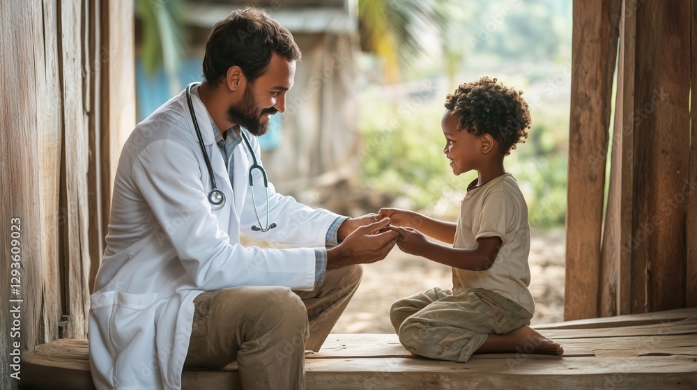 Fototapeta premium A healthcare professional is sitting on a wooden platform, engaging warmly with a young boy in a rural environment. The doctor smiles while the child looks delighted, creating a bond.