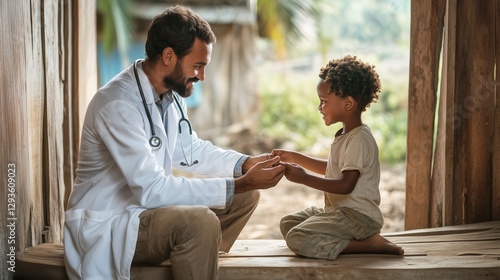 A healthcare professional is sitting on a wooden platform, engaging warmly with a young boy in a rural environment. The doctor smiles while the child looks delighted, creating a bond.