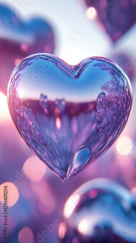 Purple crystal heart reflecting sunset light and bokeh effect