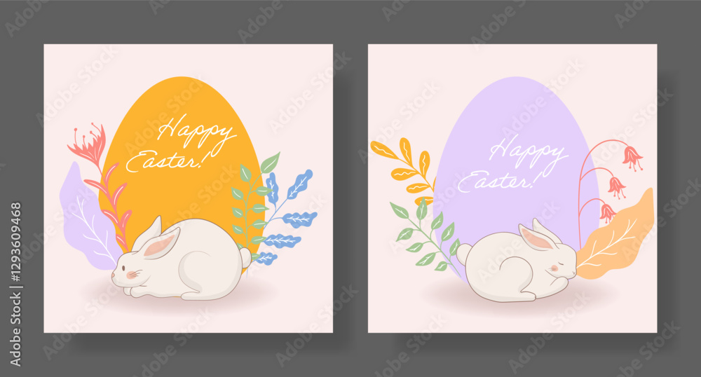 Easter set. Sleeping rabbit, lilac egg, floral arrangements, delicate spring hues, botanical details, artistic festive theme, warm pastel tones, peaceful holiday greeting Easter set. Sleeping rabbit, lilac egg, floral arrangements, delicate spring hues, botanical details, artistic festive theme, warm pastel tones, peaceful holiday greeting
